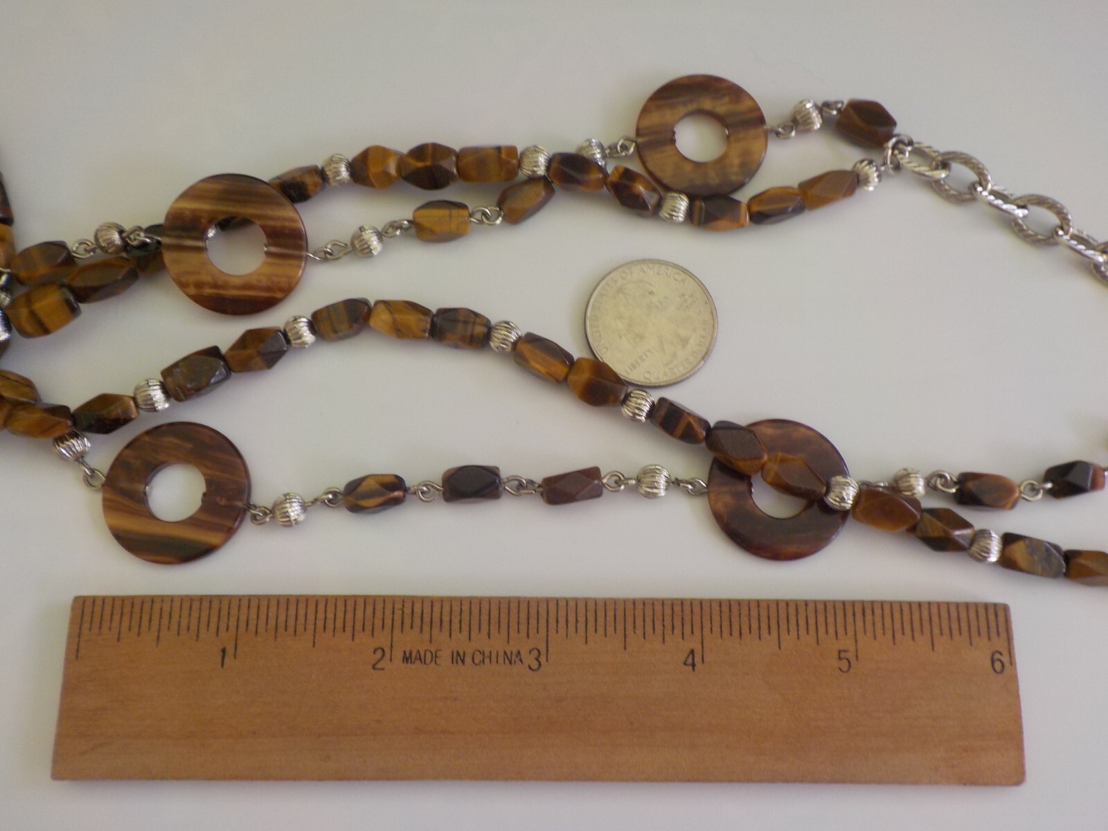 Tiger’s Eye & Plastic Round Double Strand Bead Necklace Long Brown Faceted