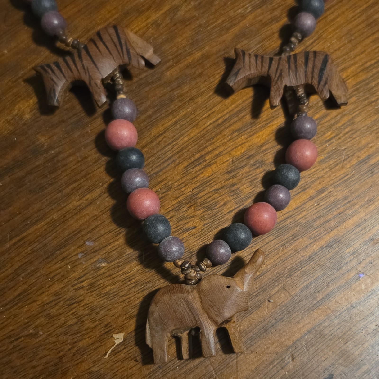 Wood Bead Strand Necklace, Handcrafted Elephant & Zebra Charms, Brown/Black