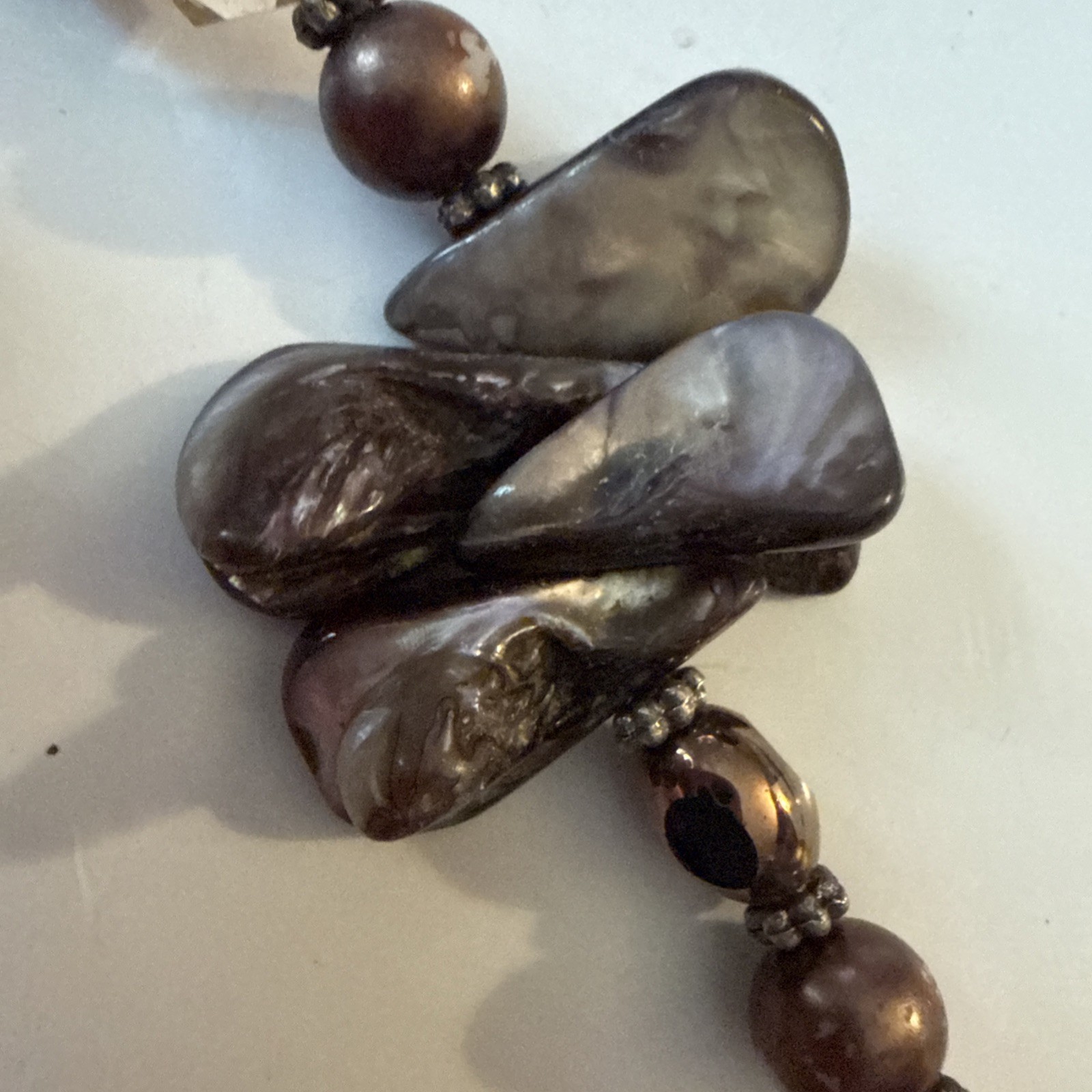 BROWN BRONZED ABALONE SHELL Necklace Beaded Silver Tone Spacers Toggle Clasp