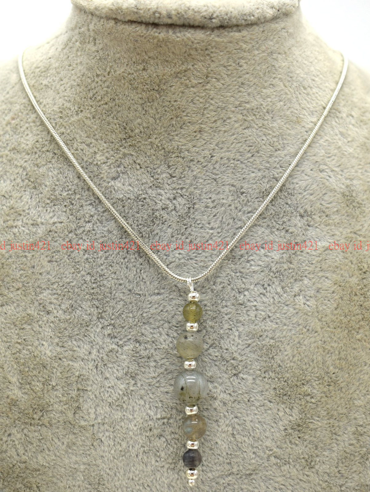 Genuine 4+6+8mm Pretty Gray Labradorite Round Gemstone Beads Pendant Necklace