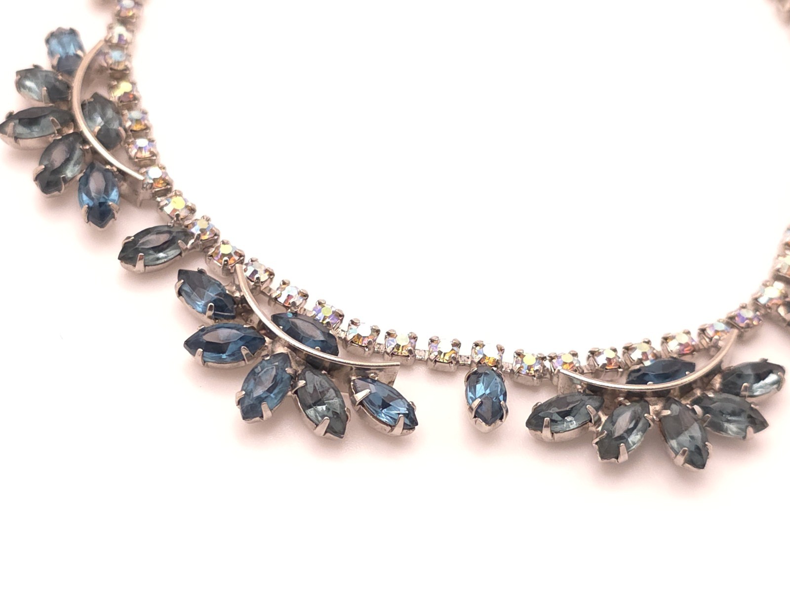 Silver Tone Blue Marquise Crystal Rhinestone Statement Collar Necklace Hook