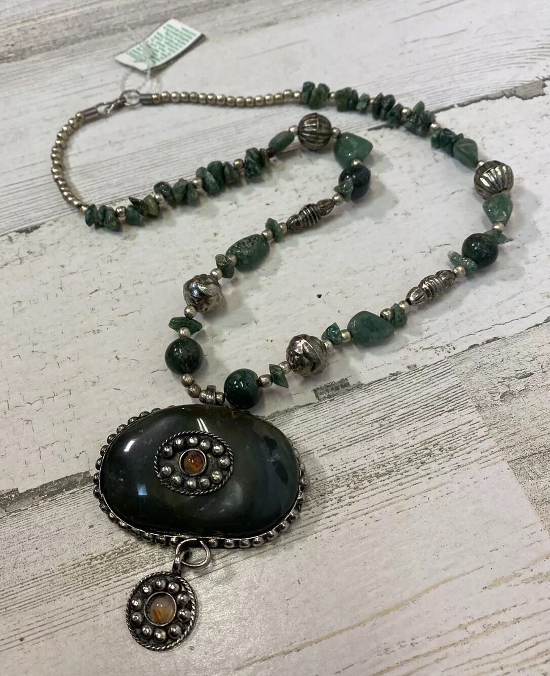 Chunky Boho Silver Tone Dark Green Stones Beads Statement Necklace NWT Y2K