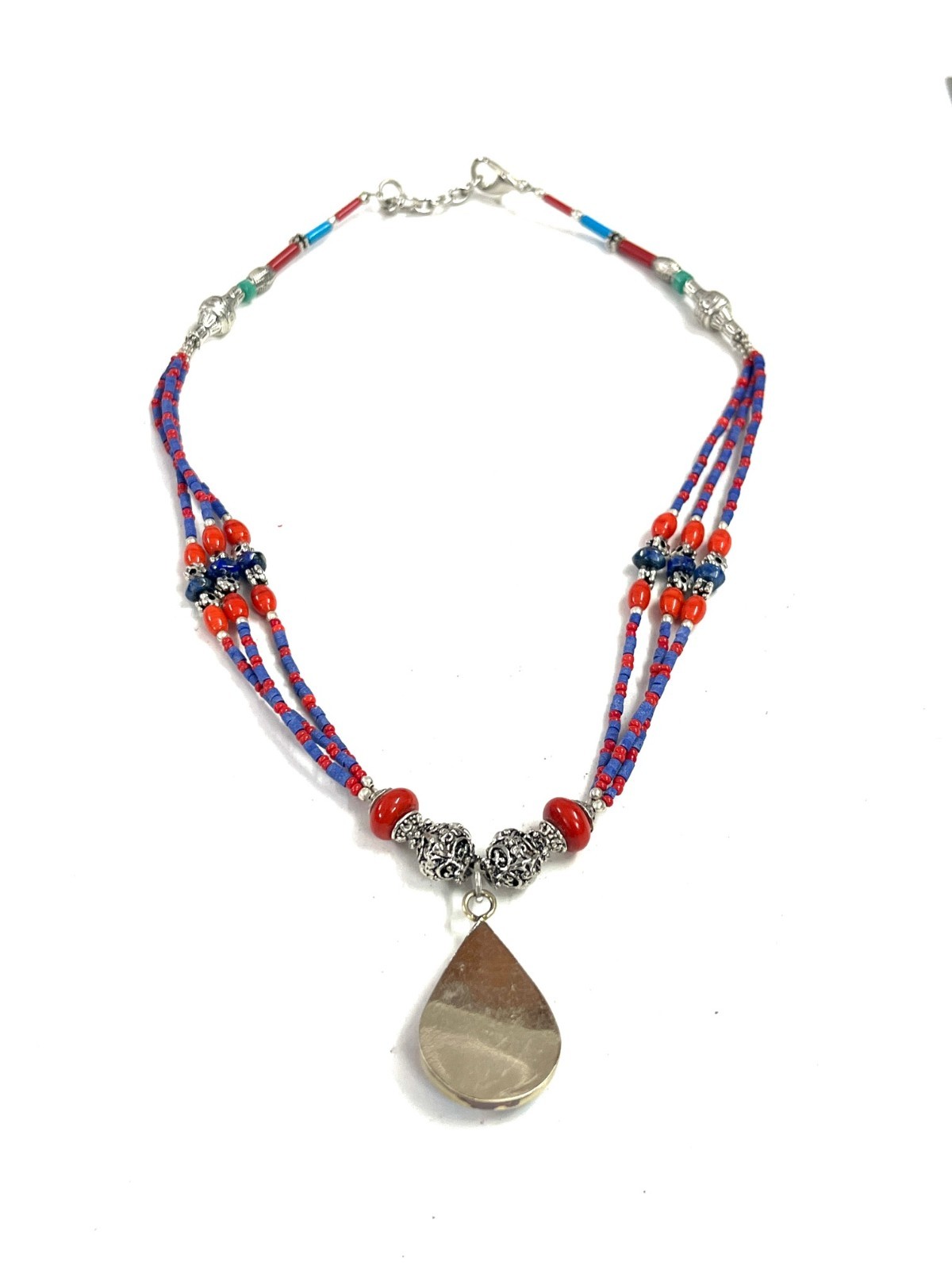 Antique Red Coral Lapis Gemstone Tibetan Bohemian Necklace Jewelry, 18 Inc Adjst