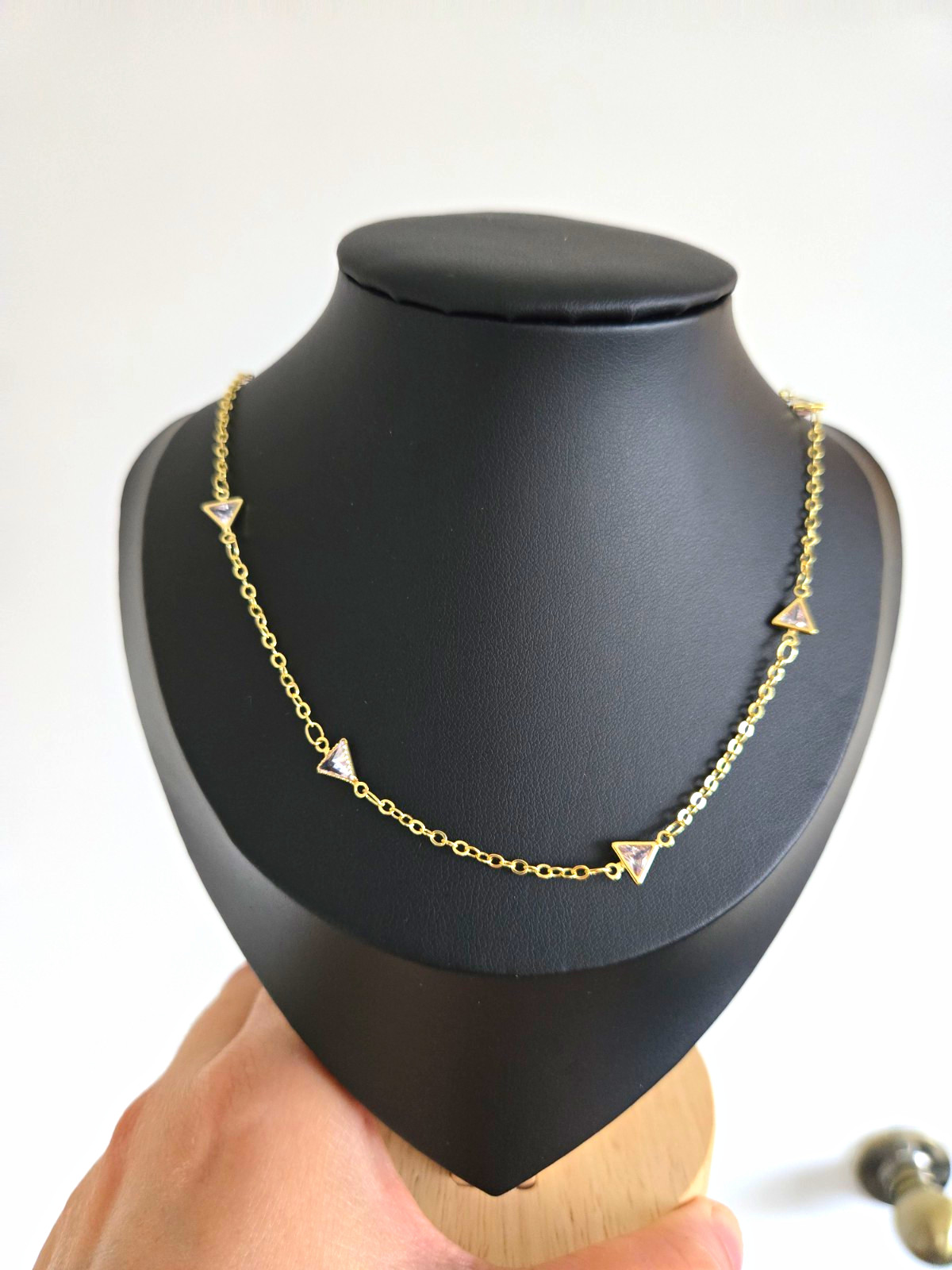 Gold Tone Station Necklace Triangle Bezel CZ 5 Stones Adjustable Cable Chain