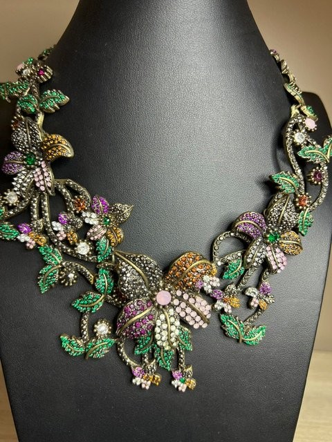 B4624 ZARA Floral Statement Necklace 16-18″ Adjustable Rhinestone Pave Botanical