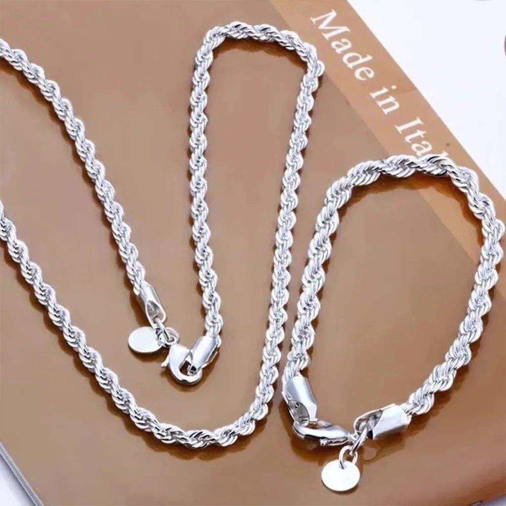 925 Sterling Silver Diamond Cut Rope Hip Hop Chain Necklace Bracelet Set Italyss