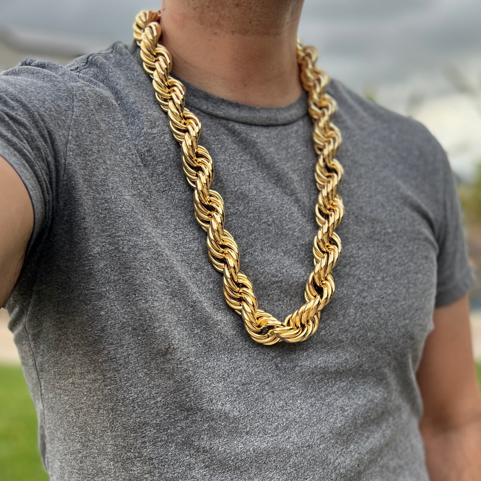 Huge Mens 14k Gold Plated Chain Hollow Rope Dookie 25MM x 30″ Hip Hop Necklace