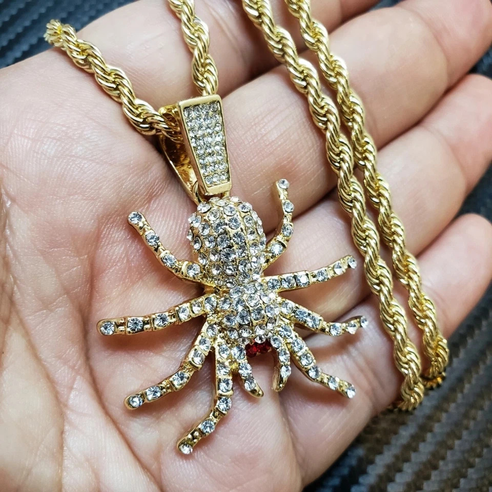 Iced Spider Pendant Necklace Gold Tone 24in Rope Chain Hip Hop CZ Unisex