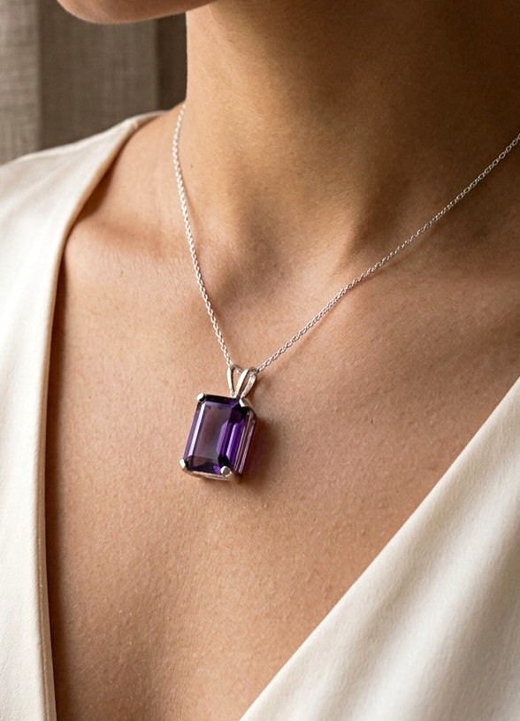 14K SOLID White Gold, Large Amethyst, Emerald Cut, Square 12x11mm Pendant