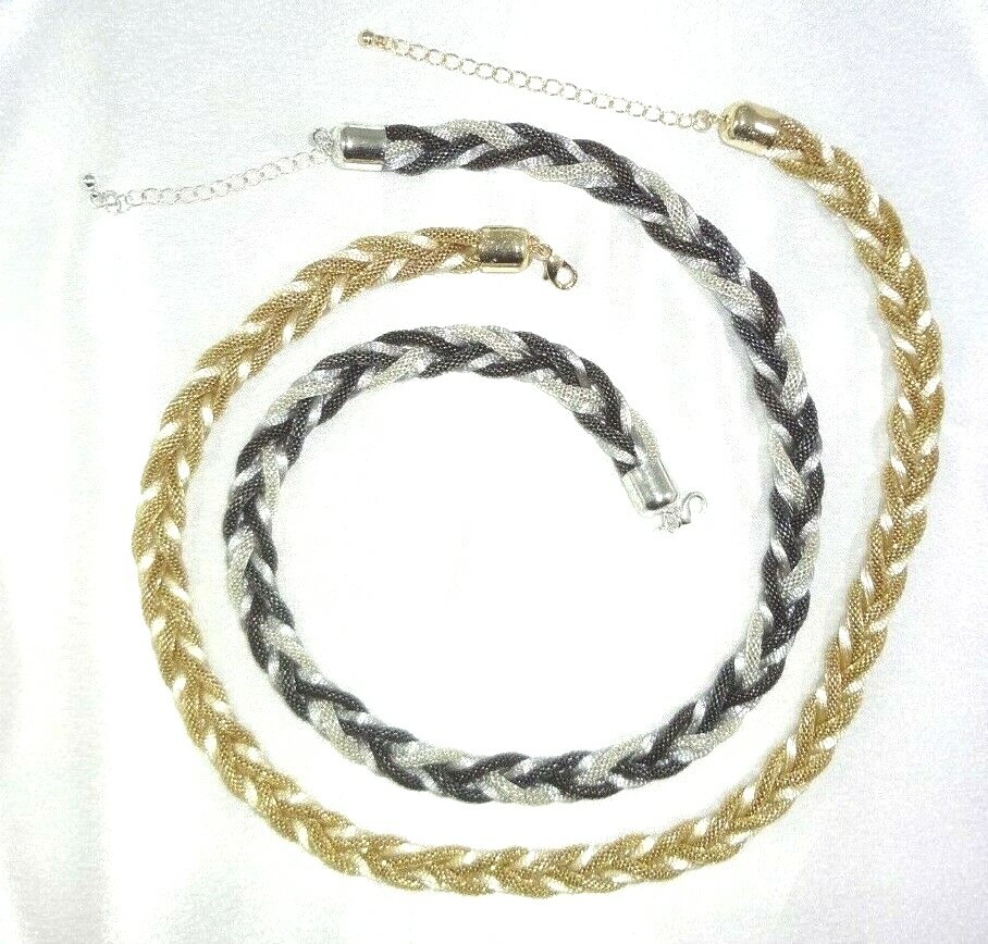 Lot of 2 Braided Mesh Metal & Round Satin Silk Material Necklaces Black & Gold!