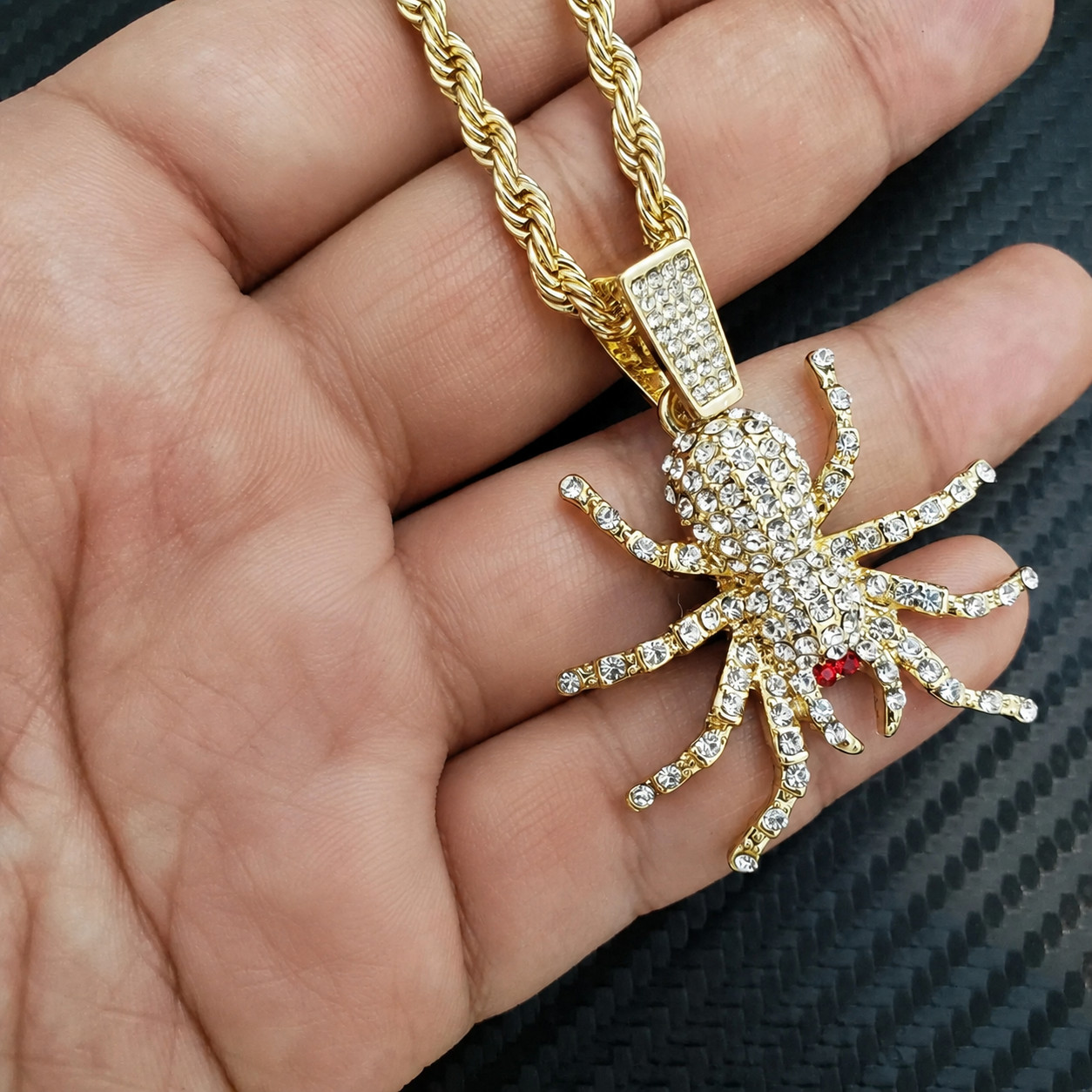Iced Spider Pendant Necklace Gold Tone 24in Rope Chain Hip Hop CZ Unisex
