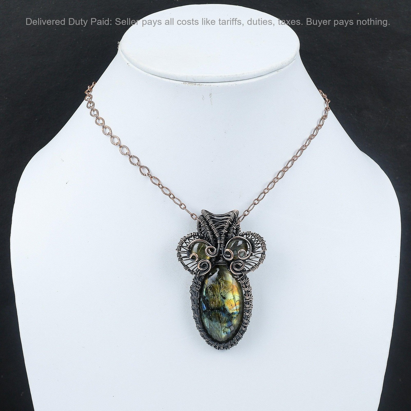 Copper Oval Natural Labradorite Handcrafted Birthday Wire Wrapped Wife Pendant