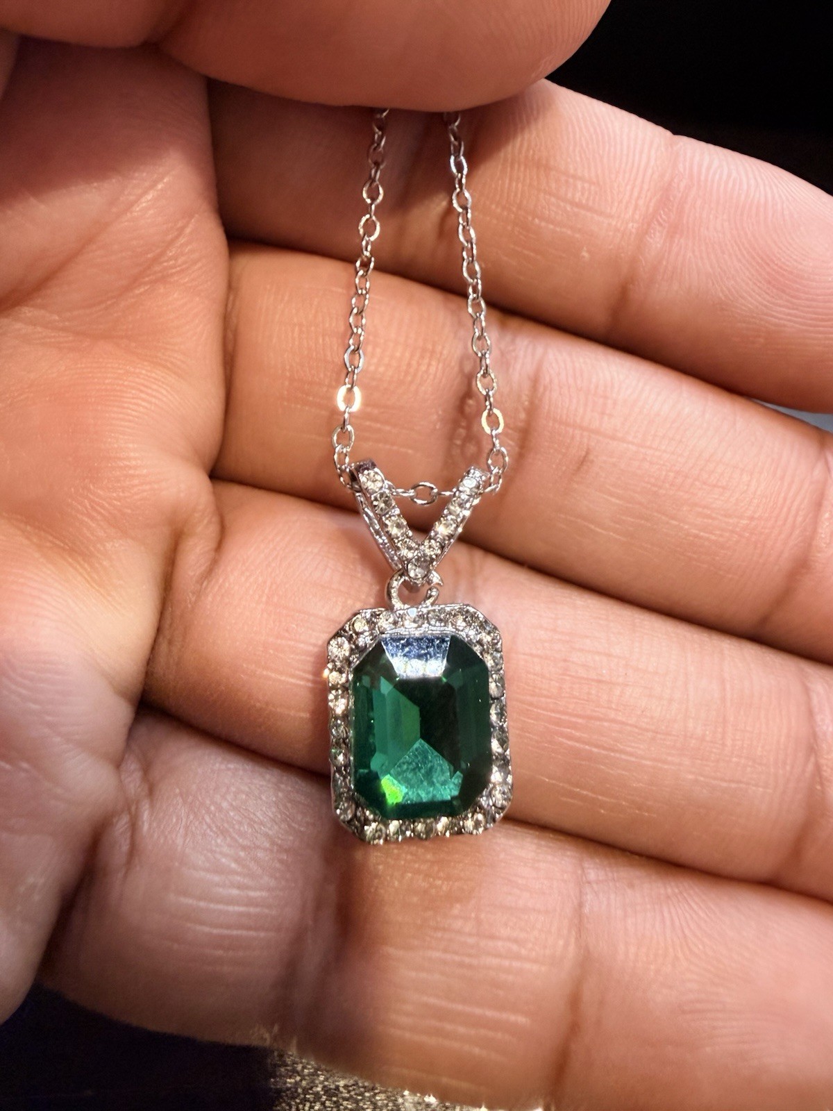 Silver Tone Rectangle Green Stone Halo Pendant Necklace, Cable Chain