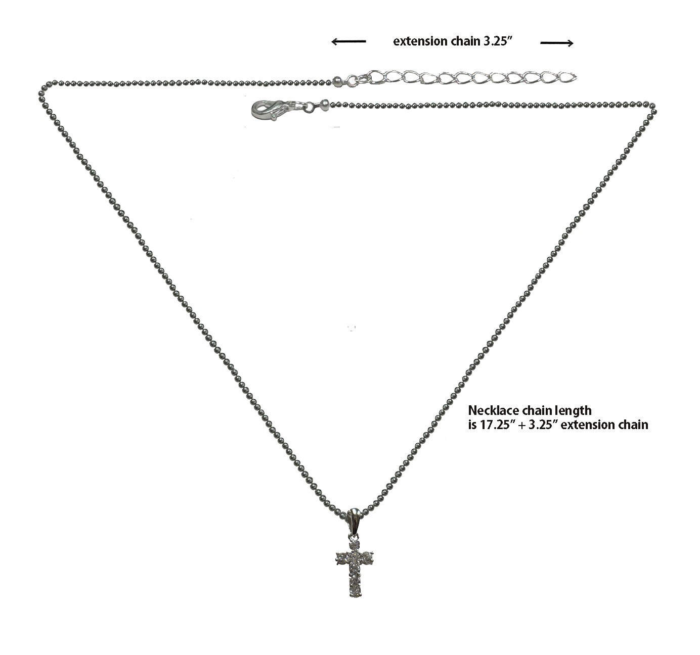 Silver Necklace Chain w. Crystal Cross Pendant Silver Chain 17″+3.75″ Extension
