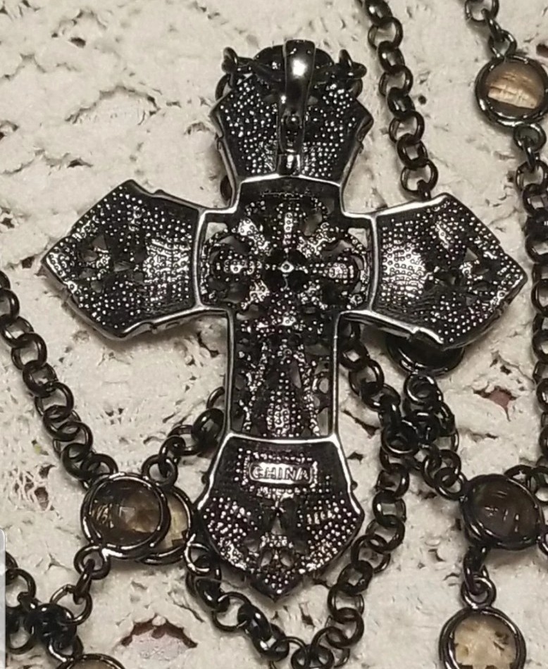 Large Cross Necklace, Black & Purple Medallion Pendent On A 48″station Chain
