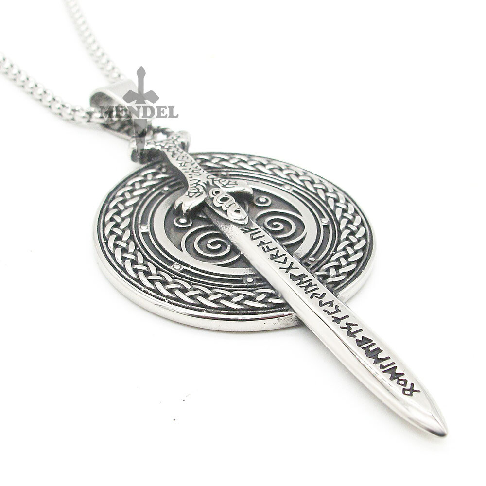 MENDEL Mens Stainless Steel Nordic Norse Viking Odin Shield Pendant Necklace Men