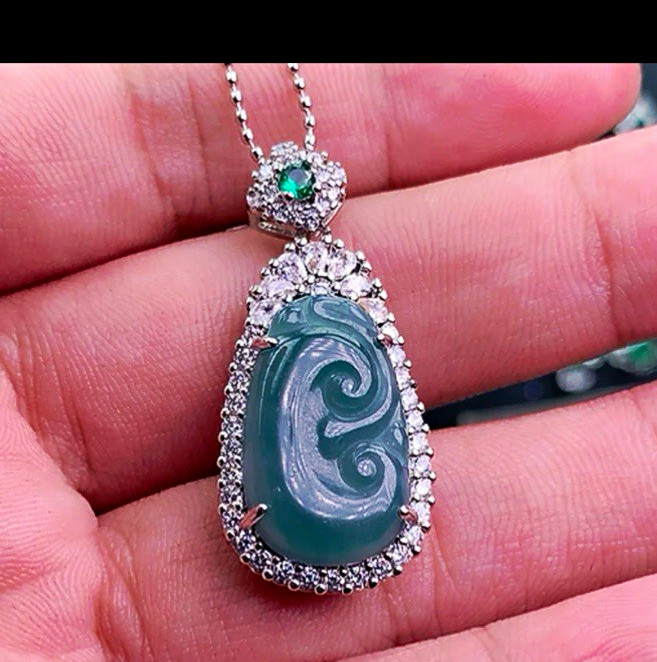 Silver-Tone Green Jade Oval Teardrop Charm Pendant Necklace, CZ Halo Accents