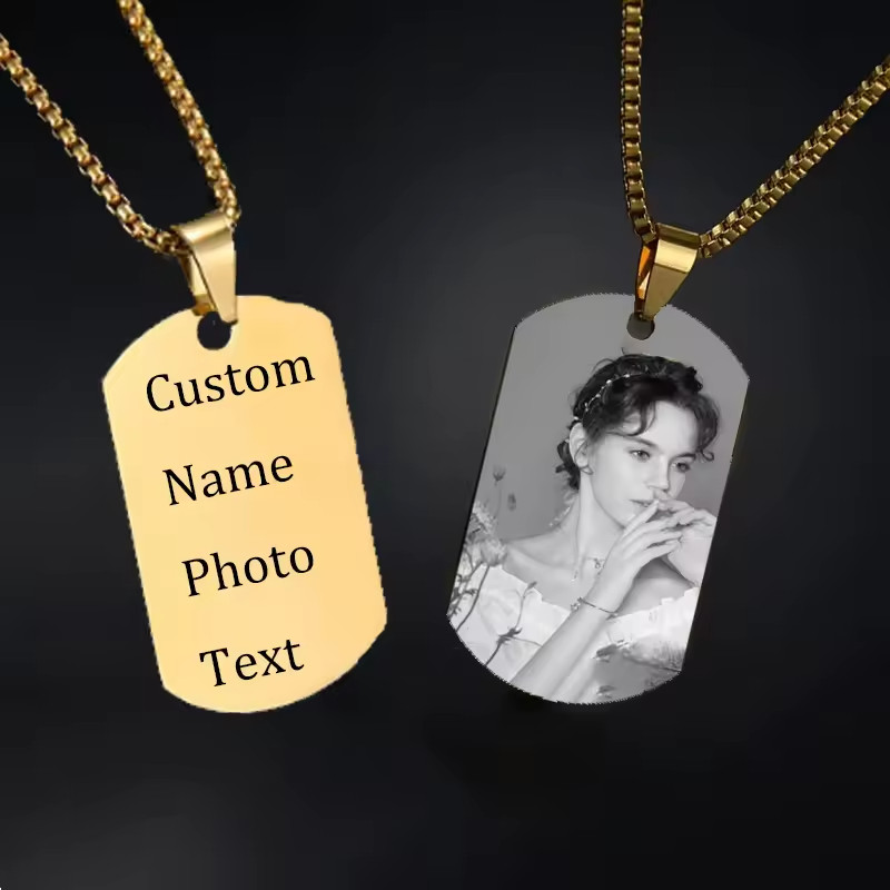 Custom Name Photo Dog Tag Pendant Necklace Men Women Jewelry Gold Silver Black