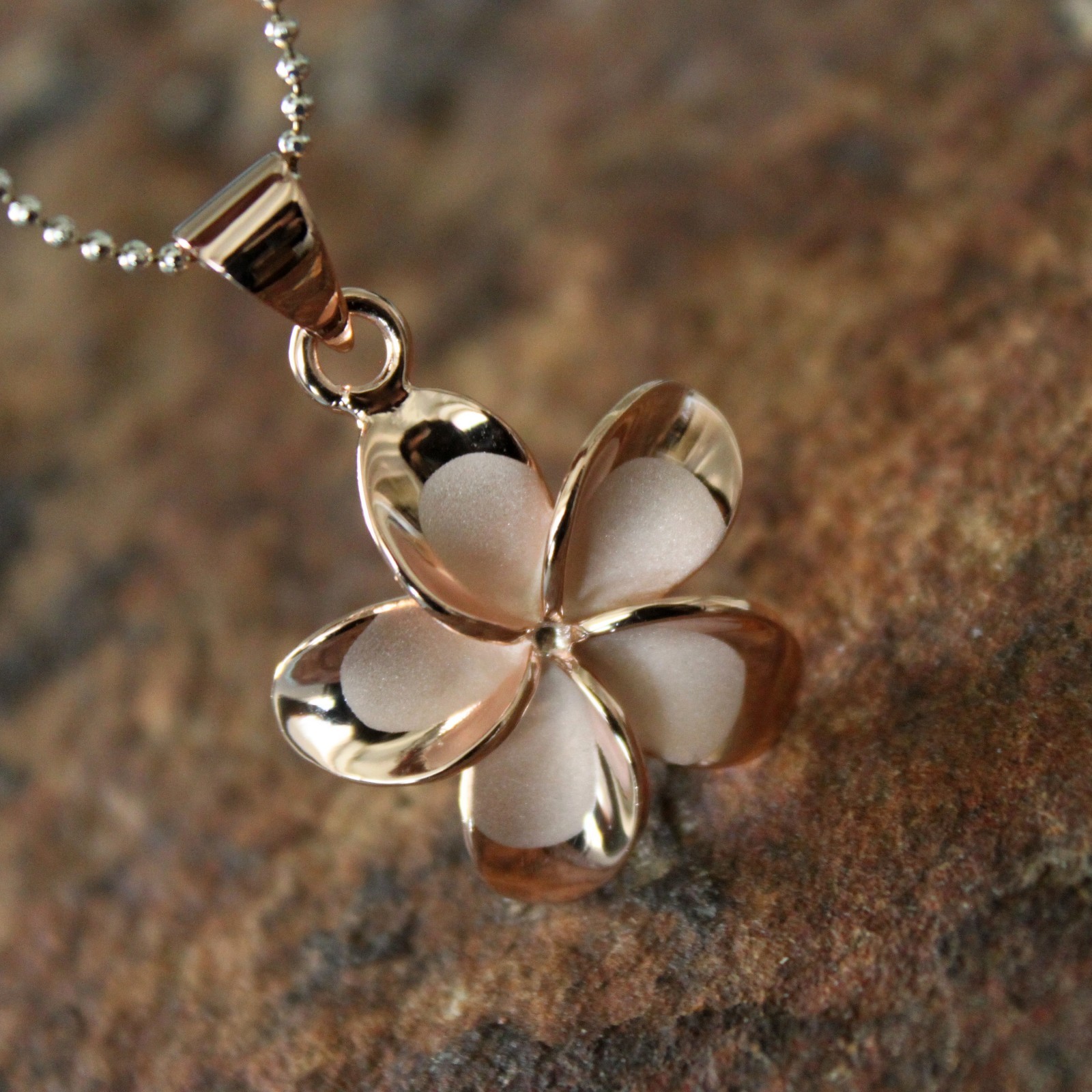 22mm Large Rose Gold Plumeria Hawaiian Flower Silver Pendant Necklace SP66069