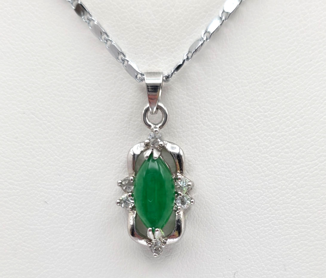 Green Chalcedony Marquise Pendant Necklace CZ Accent 18KGP Silver Tone