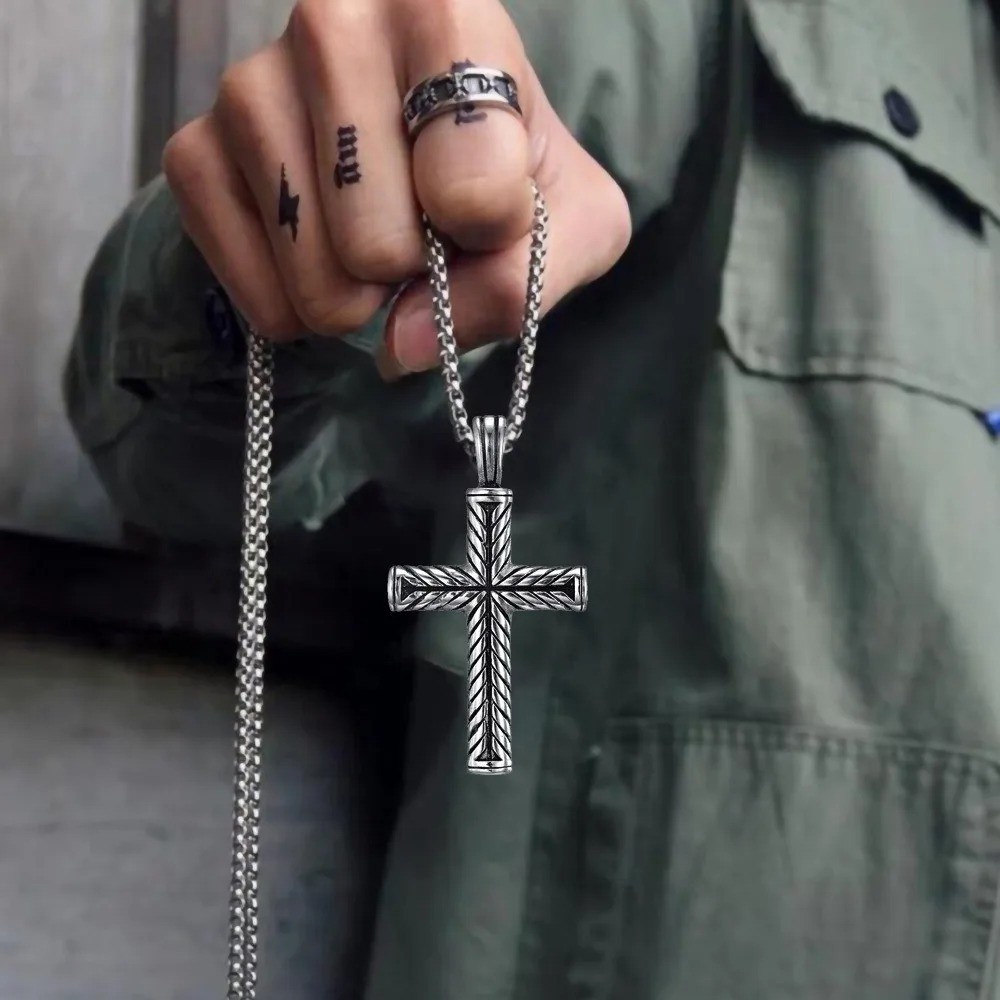 Boys Mens Stainless Steel Vintage Cross Pendant Necklace Men Women Silver