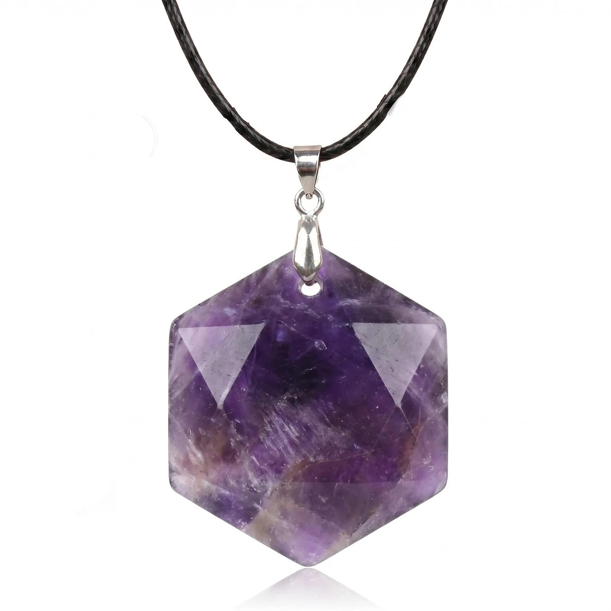 6PCS 22mm Faceted Hexagon Stone Necklace with Black Rope Chain Jewelry Gift