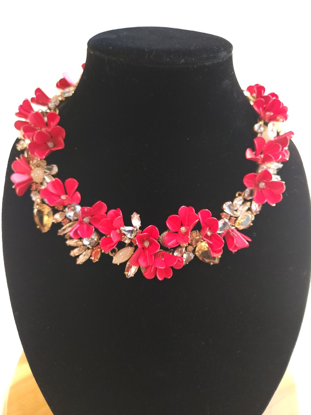 J.CREW Signed Red Flower Collar Statement Necklace Crystal Rhinestone Lobster
