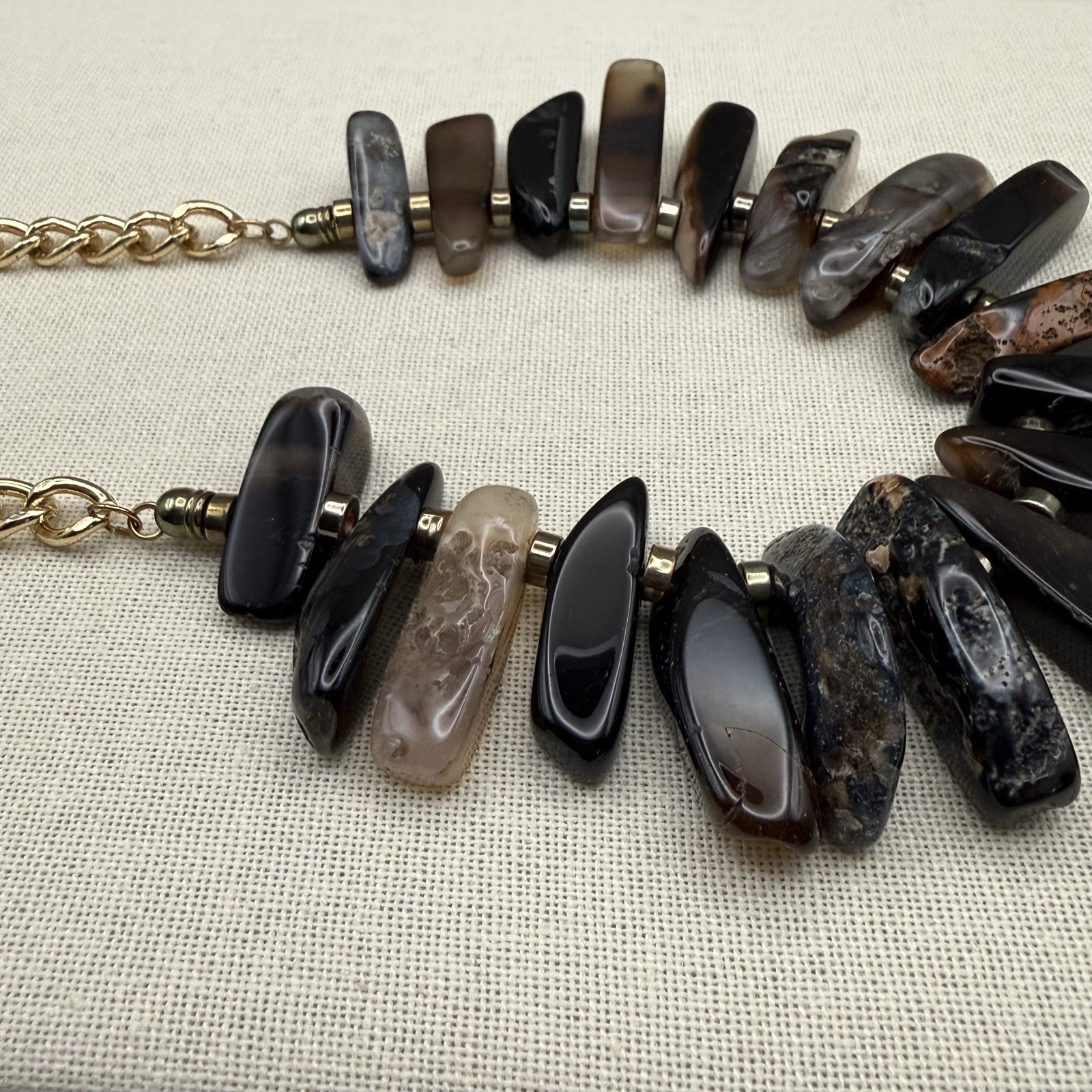 Stone Slice Collar Statement Bib Necklace Brown Black Grey 22″ Artisanal Earthy
