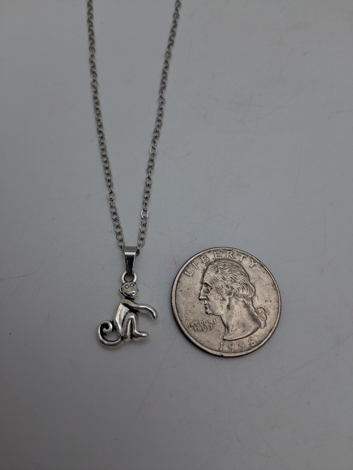 Tiny Monkey Charm Pendant Necklace Simple Minimalist Nature Gift Silver Toned