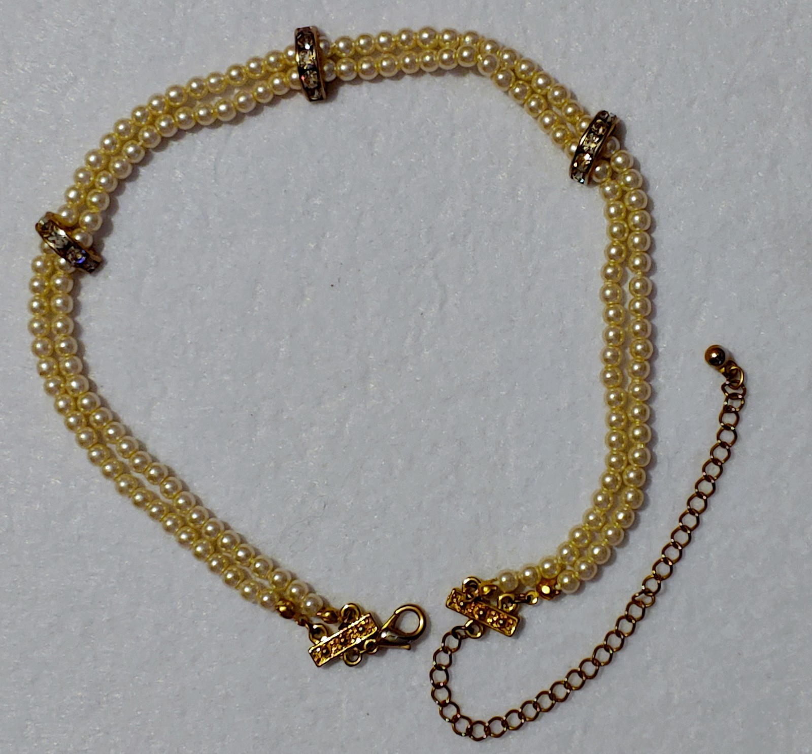 Faux Pearl Choker Necklace Rhinestone Double Strand Gold Tone-13 in W 3.5 in Ext