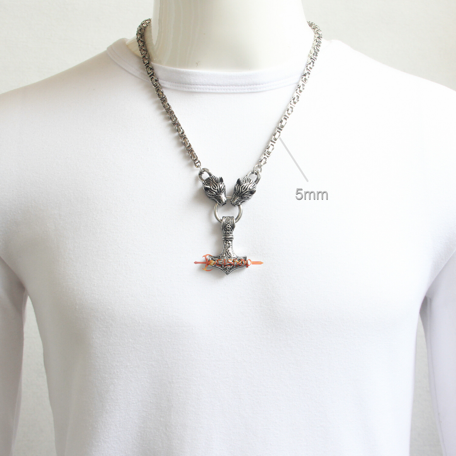 Men’s Wolf Head Thors Hammer Mjolnir Vikings Pendant Necklace 5/8mm King’s Chain