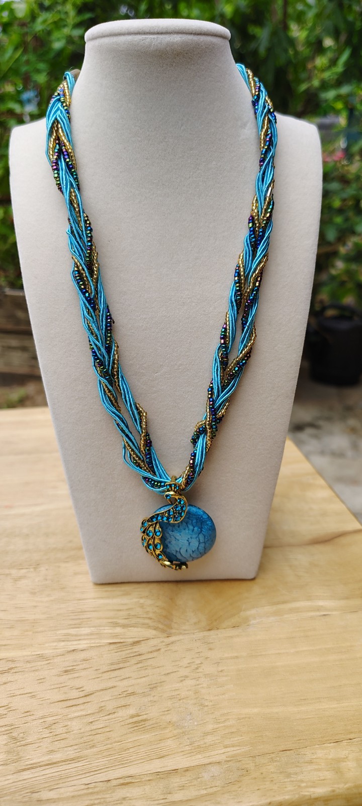 Blue Peacock Pendant Necklace Braided Multi Strand Beaded Gold Tone Statement