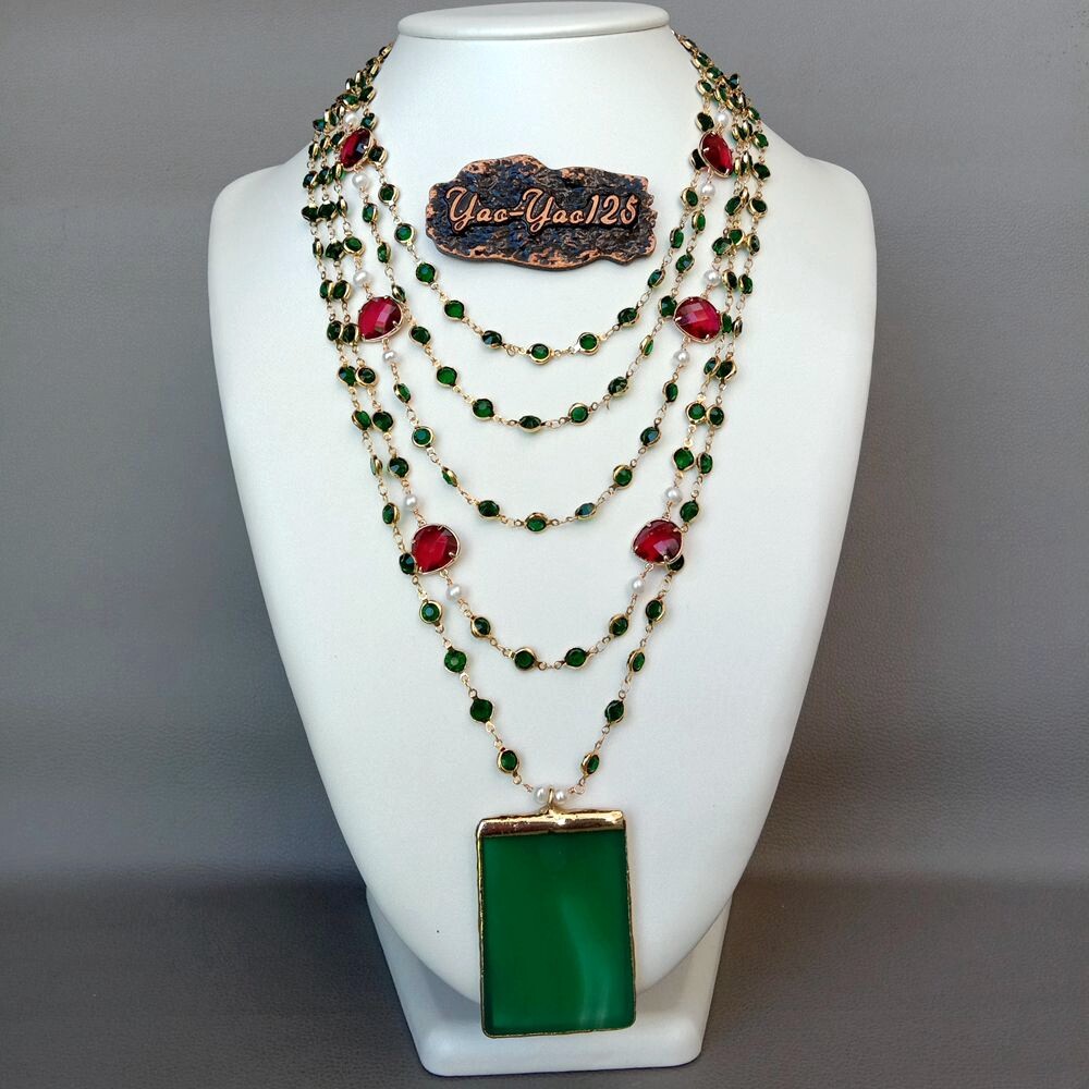 5 Strands White Pearl Green Crystal Chain Necklace Green Agate Pendant 18”