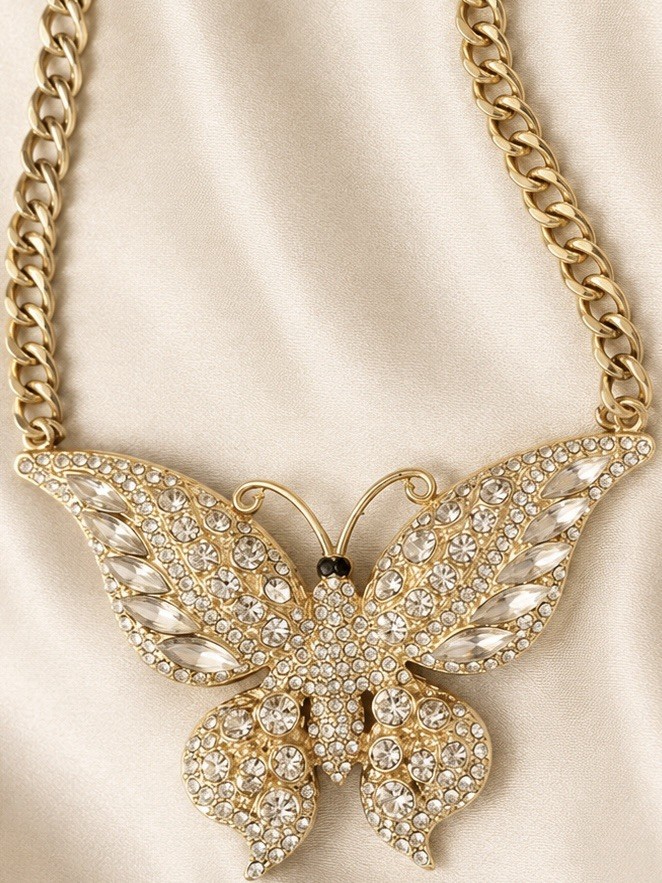 Butterfly STATEMENT Gold Toned Necklace 23 Inches With Butterfly 3.75