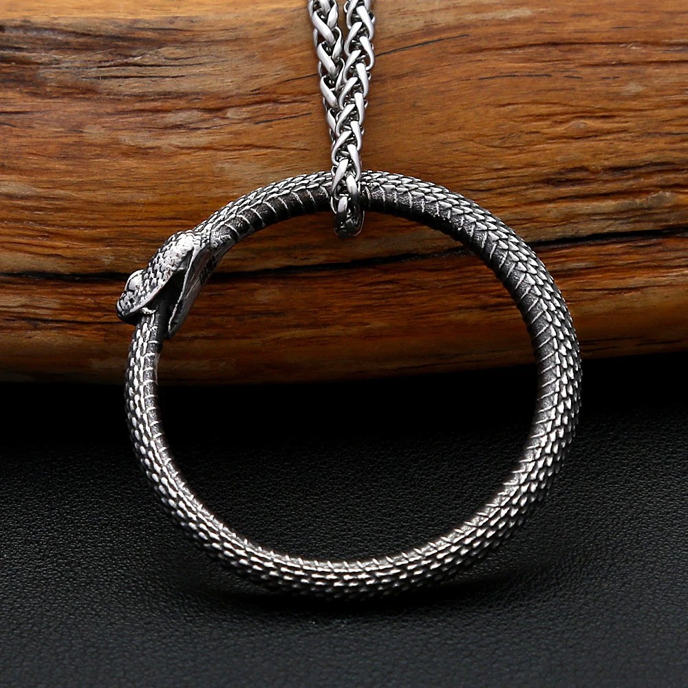 Gothic Snake Ouroboros Pendant Necklace Punk Stainless Steel Rope Chain Necklace