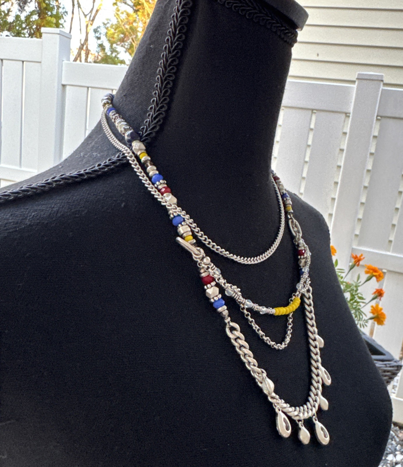 Cara NY SUMMER Chain Statement Necklace Layered CZ Yellow Blue Red NEW