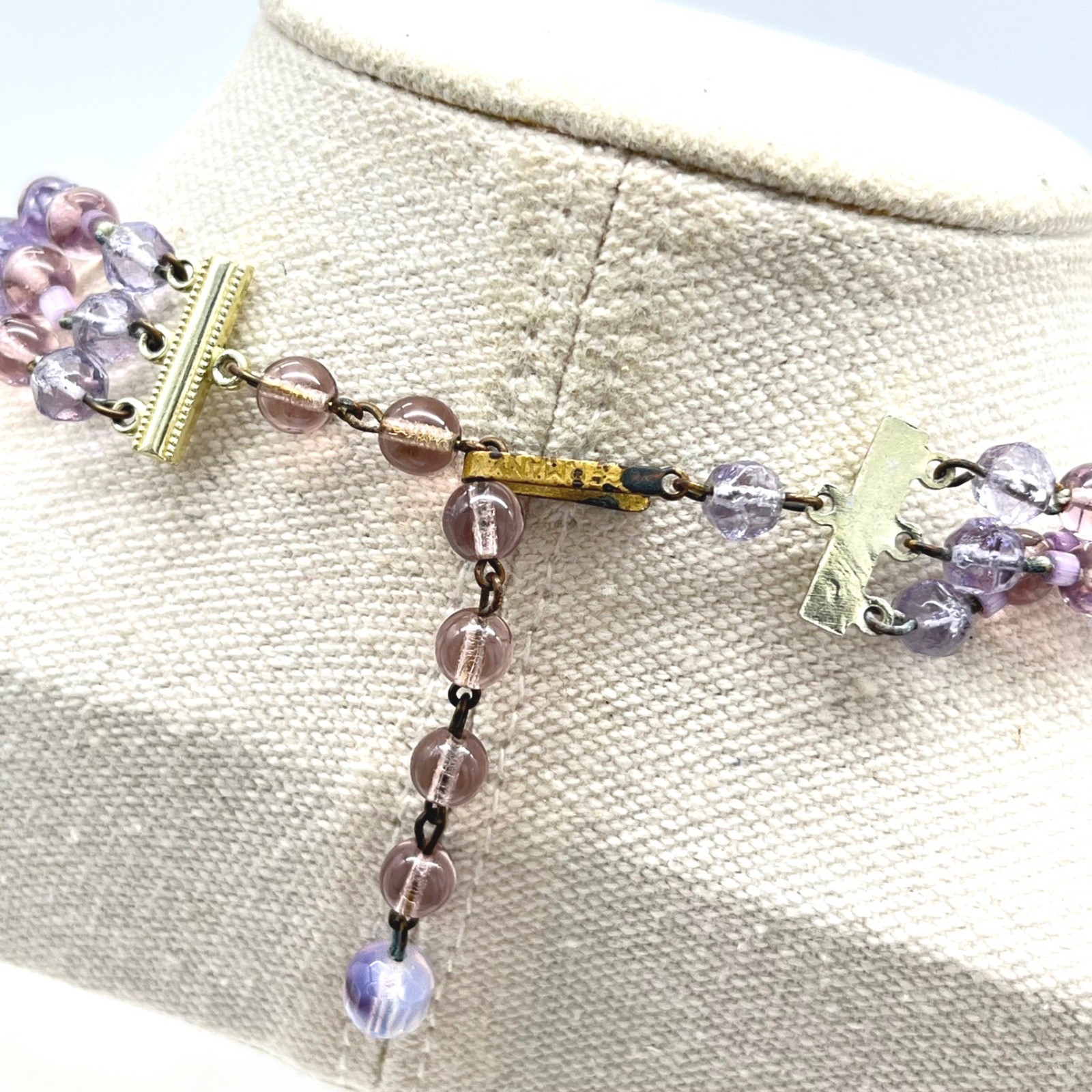 Vintage Germany Purple Iridescent Art Glass Triple Strand Beaded Necklace 16in