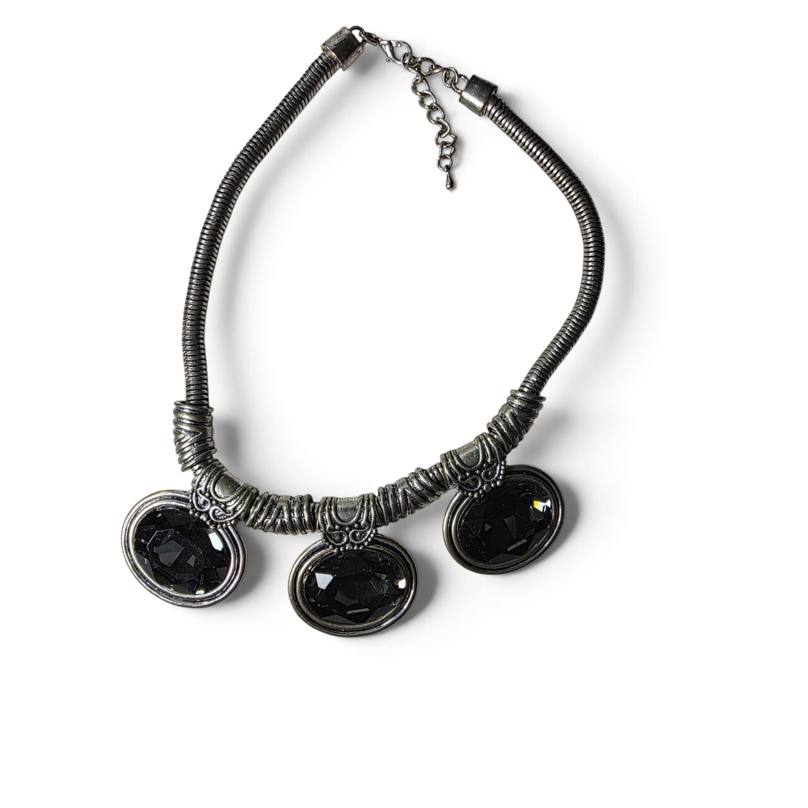 Vintage Whimsy Goth Silver Tone Coiled Statement Necklace Dark Gemstone Pendants