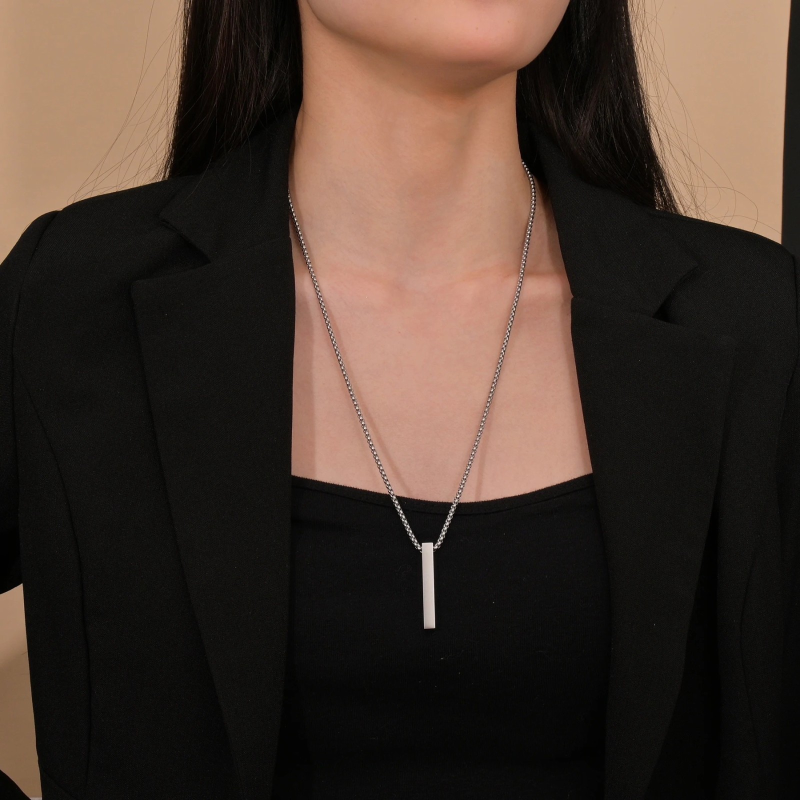 Stainless Steel Square Bar Pendant Necklace Men Women Blank Couple Jewelry