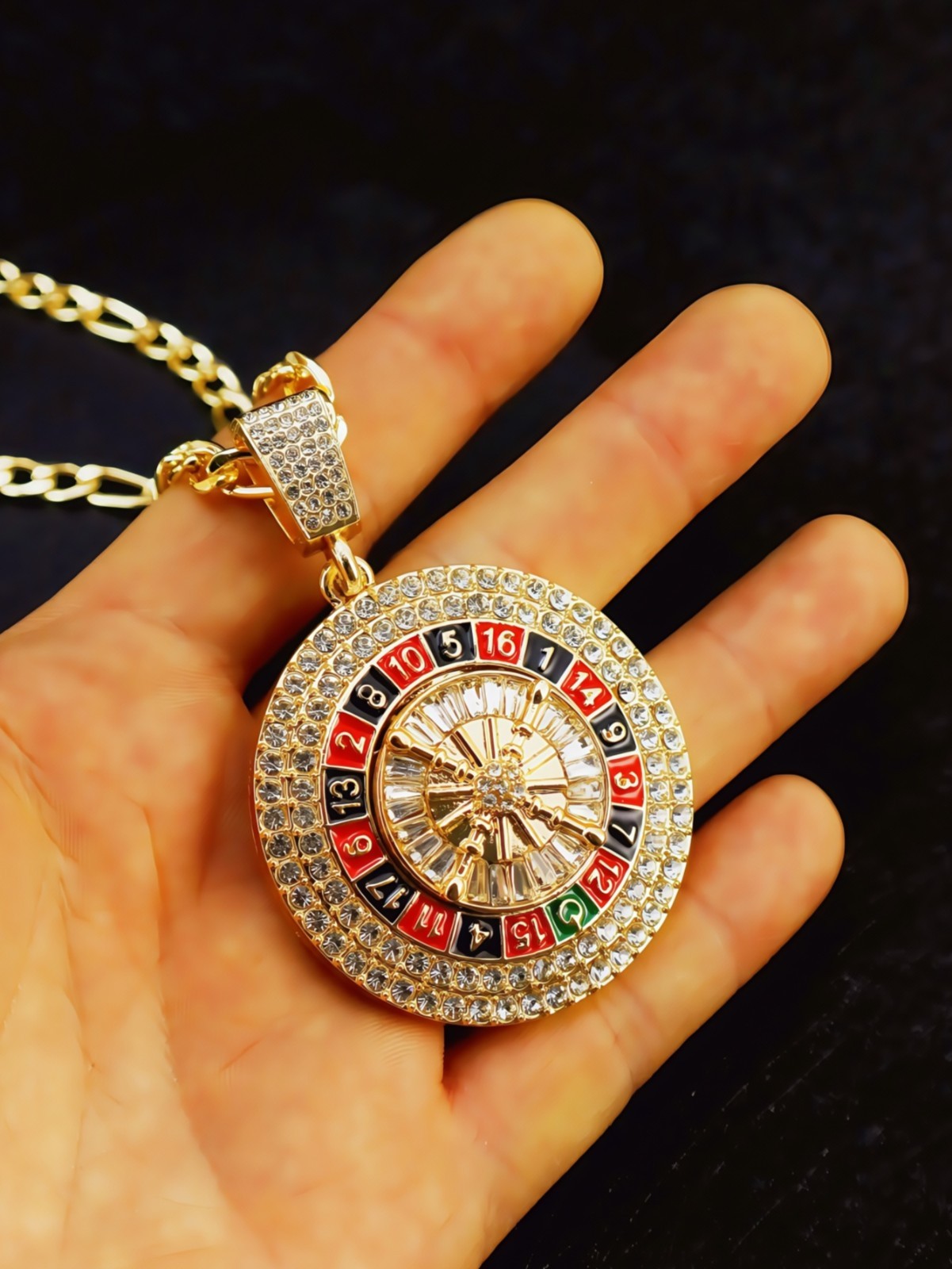 Hip Hop Iced CZ Bling Spinning Roulette Pendant Necklace Chain Mens Jewelry