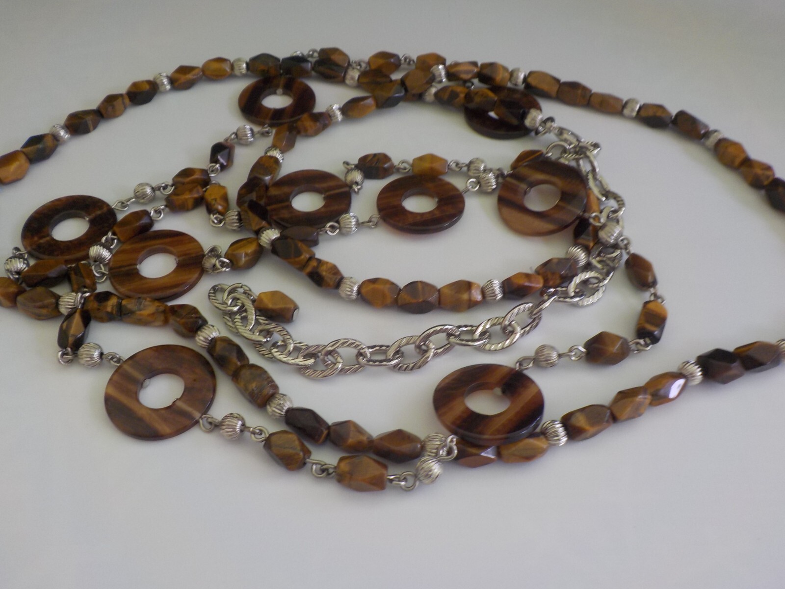 Tiger’s Eye & Plastic Round Double Strand Bead Necklace Long Brown Faceted