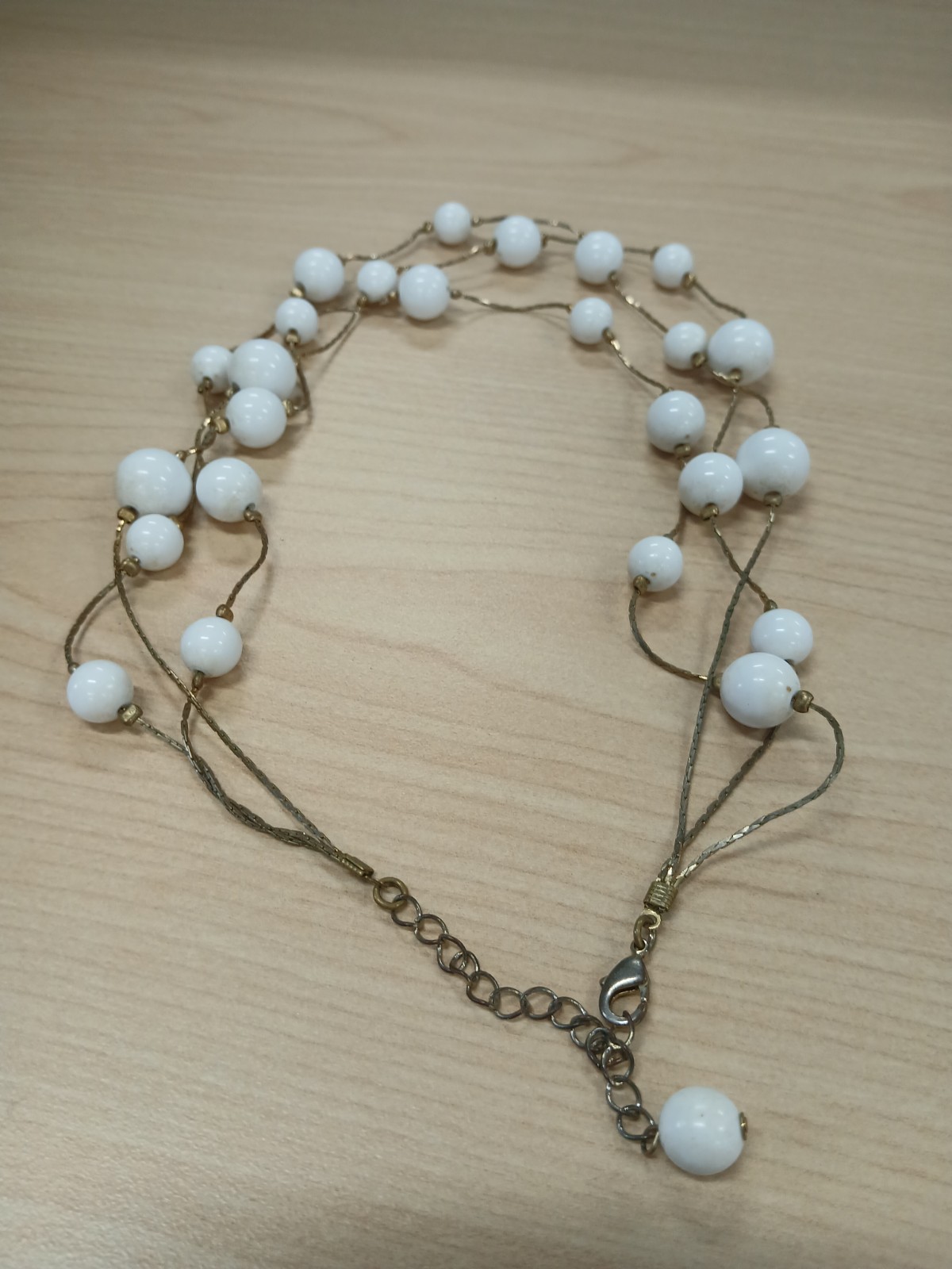 White Bead Multi Strand Necklace Gold Tone Cable Chain Adjustable Lobster