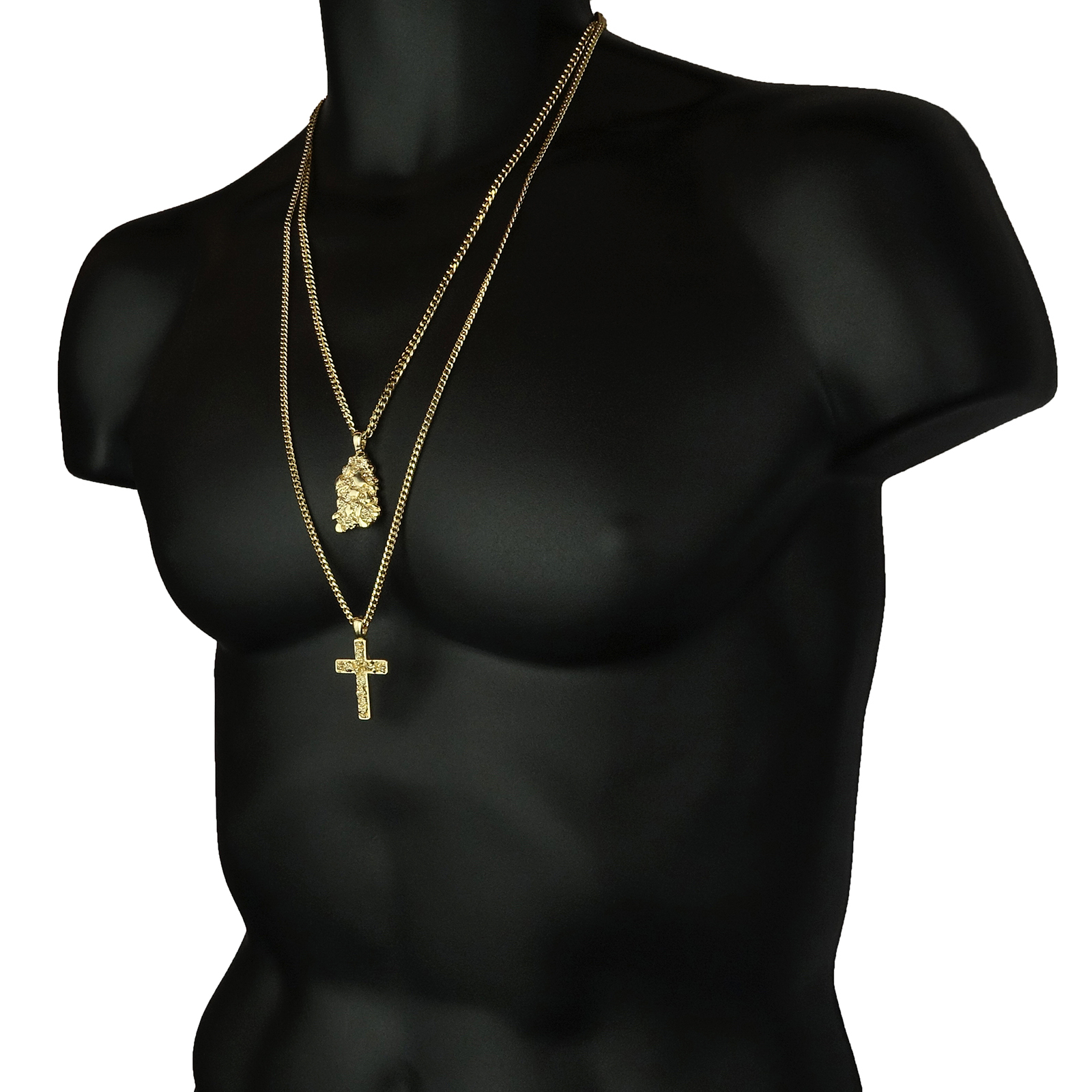 Men’s 14k Gold Plated High Fashion 2 pc Nugget & Cross 3mm 30″ & 24″ Cuban Chain