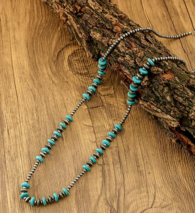 NECKLACE-Western Turquoise and Pearl Beaded Necklace, Bohemian Long Necklace
