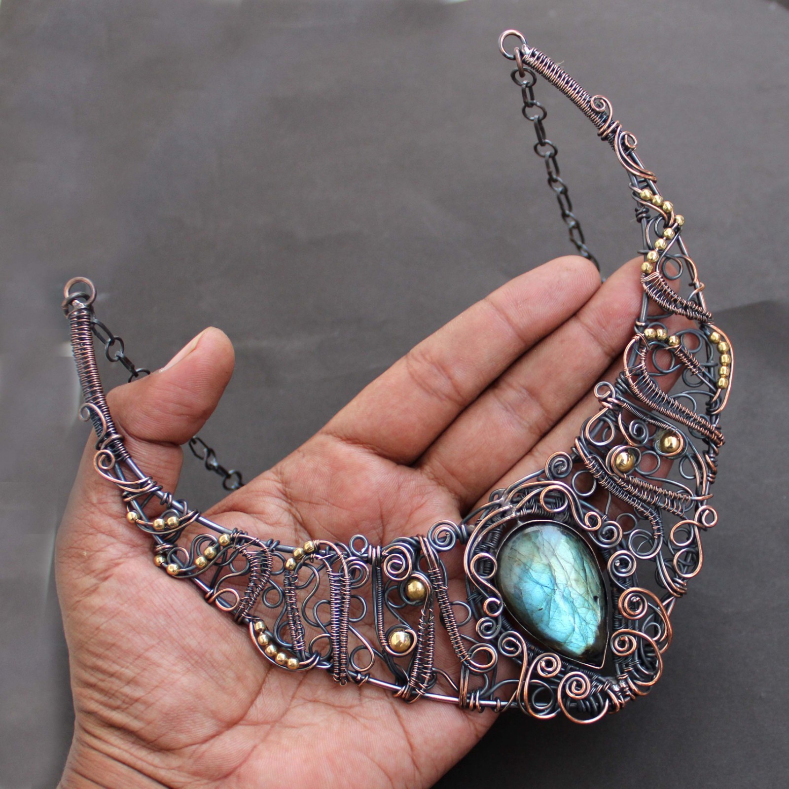 Natural Labradorite Necklace Jewelry Copper Wire Wrapped Chain Necklace 18.0″