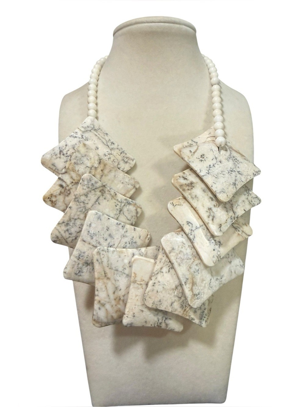 Karla Jordan Natural Stone Geometric Statement Necklace White Marble Look Bib