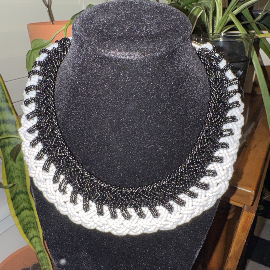 Black & White Glass Beaded Statement Collar Necklace with Toggle Closure