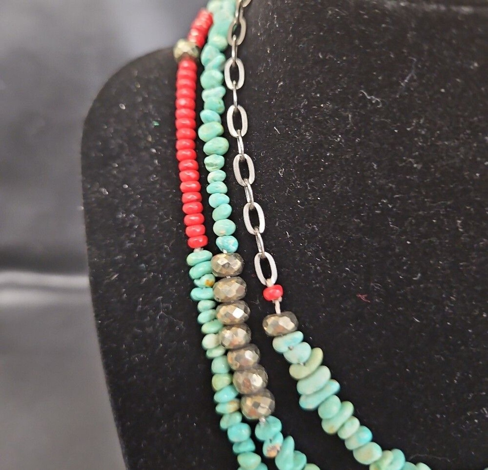 Multi-Strand Turquoise, Marcasite, Coral Bead Layered Necklace