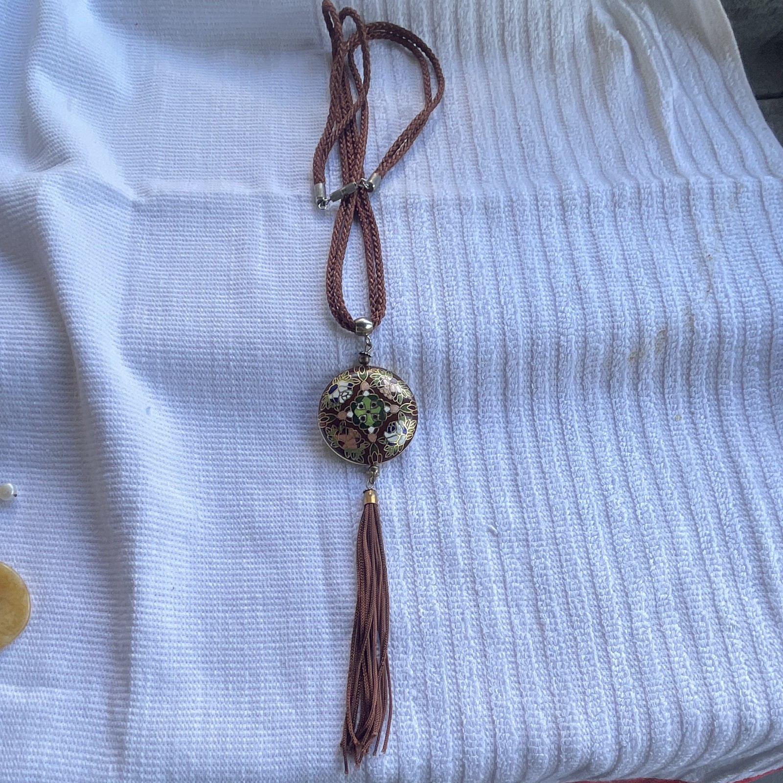 Brown Braided Cord Necklace Round Tassel Pendant, No Stone, Pendant Style