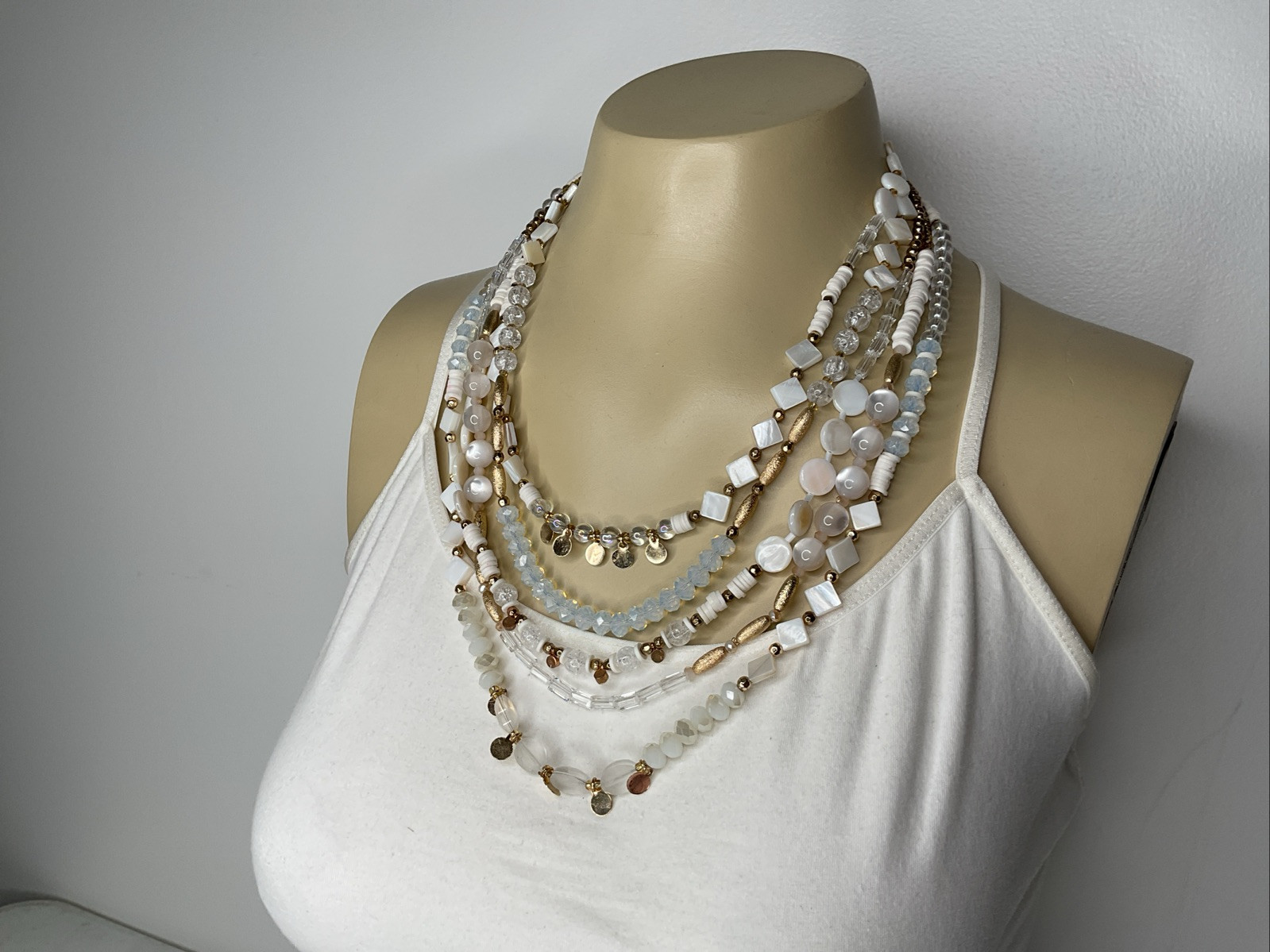 INC International Concepts White Bead Layered Bib Necklace Gold Tone 985